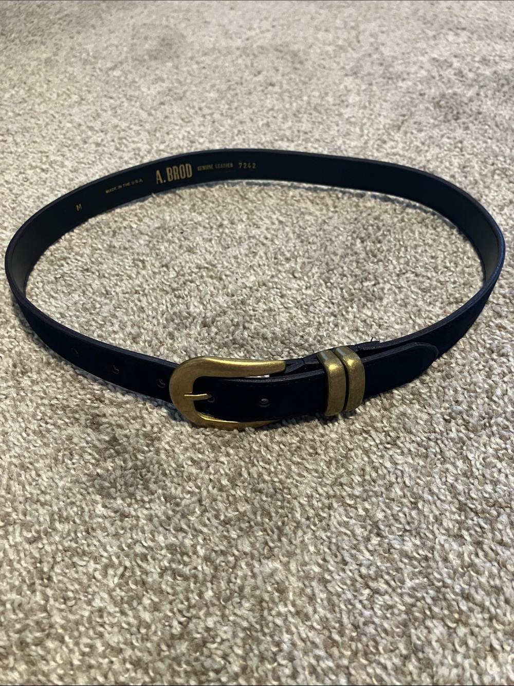 A. BROD VINTAGE GENUINE LEATHER BELT BRASS BUCKLE NAVY BLUE SIZE M